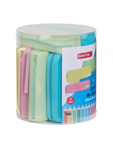 Safta Pack de 16 Estuches - Caja Cilindrica de PVC Transparente - Silicona de Alta Calidad - Flexible - Facil de Limpiar -