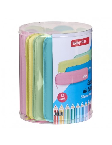 Safta Pack de 12 Estuches - Silicona de Alta Calidad - Caja Cilindrica de PVC Transparente - Flexible - Facil de Limpiar -