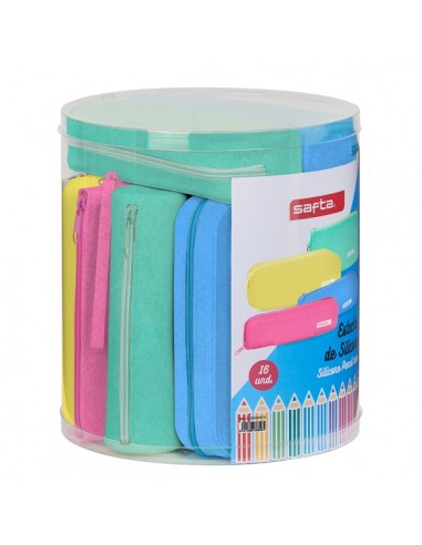Safta Silicone Glitter Pack de 16 Estuches - Silicona con Purpurina - Caja Cilindrica de PVC Transparente - Variedad de