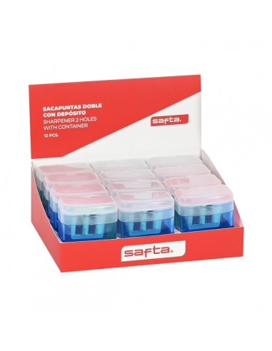 Safta Expositor con 12 Sacapuntas Doble con Deposito - Cuchilla de Acero Duradera - Agarre Ergonomico - Deposito para Virutas