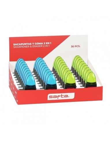Safta Expositor con 36 Sacapuntas y Goma - Doble Funcion - Deposito para Virutas - Tapa Protectora de Plastico - Colores