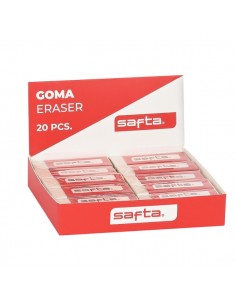 Safta Expositor con 20 Gomas - PVC - Borrado Limpio - Suave al Tacto - Color Blanco