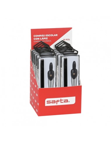Safta Expositor con 10 Compases Escolares - Incluye Lapiz - Ergonomico - Colores Surtidos