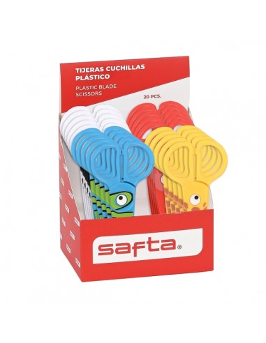 Safta Expositor con 20 Tijeras de 12cm - Asas Ergonomicas - Plastico Resistente - Punta Redonda Segura - Colores Surtidos