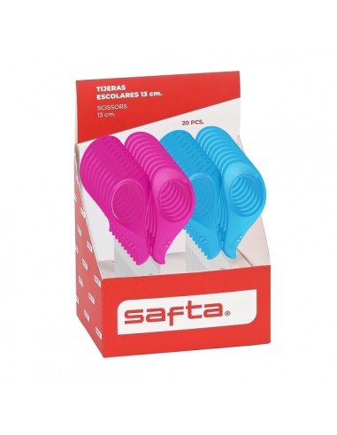 Safta Expositor con 20 Tijeras de 13cm - Asas Ergonomicas - Punta Redonda Segura - Cuchillas de Acero - Colores Surtidos