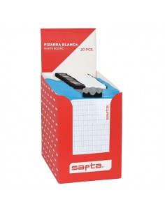 Safta Expositor con 20 Pizarras Blancas - Doble Cara - Incluye Rotulador y Borrador - Formato Antiroturas - Color Blanco