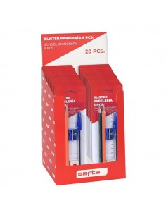 Safta Expositor con 20 Packs Escolares - 2 Lapices - Sacapuntas - Goma - Sacapuntas Incluido - Goma de Borrar - Boligrafo