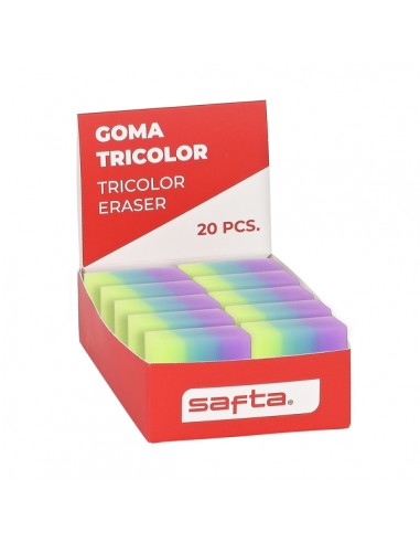 Safta Expositor con 20 Gomas - PVC - Borrado Limpio - Suave al Tacto - Tricolor
