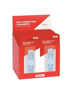 Safta Expositor con 12 Packs de Cinta Correctora y Pegamento - Doble Funcion - Colores Surtidos