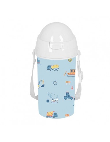 Safta Gruas Botella de 500ml - PVC sin BPA - Pajita Interior - 73x73x195mm - Color Azul Claro