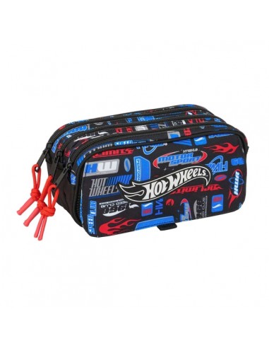 Safta Hot Wheels Portatodo - 3 Compartimentos con Cremalleras - Bolsillo Frontal - Cinta Adaptable - 1.72L - 215x80x100mm -