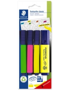Staedtler Textsurfer Classic 364 Pack de 4 Marcadores Fluorescentes - Secado Rapido - Trazo 1 - 5mm Aprox - Colores Surtidos