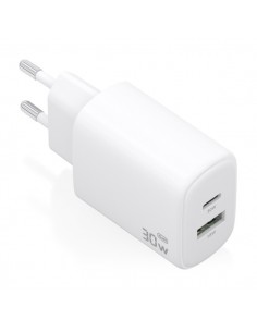 Aisens Cargador GaN 30W - 1xUSB-C PD3.0 QC4.0 - 1xUSB-A QC3.0 - Tecnologia AI - Color Blanco