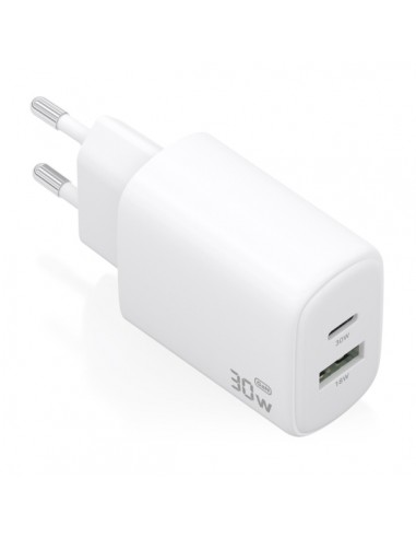 Aisens Cargador GaN 30W - 1xUSB-C PD3.0 QC4.0 - 1xUSB-A QC3.0 - Tecnologia AI - Color Blanco