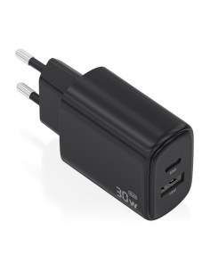 Aisens Cargador GaN 30W - 1xUSB-C PD3.0 QC4.0 - 1xUSB-A QC3.0 - Tecnologia AI - Color Negro