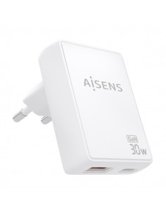 Aisens Cargador GaN Ultra Delgado 30W - 1xUSB-C PD3.0 QC4.0 - 1xUSB-A QC3.0 - Tecnologia AI - Color Blanco