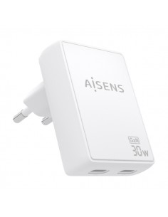 Aisens Cargador GaN Ultra Delgado 30W - 2xUSB-C PD3.0 QC4.0 - Tecnologia AI - Color Blanco