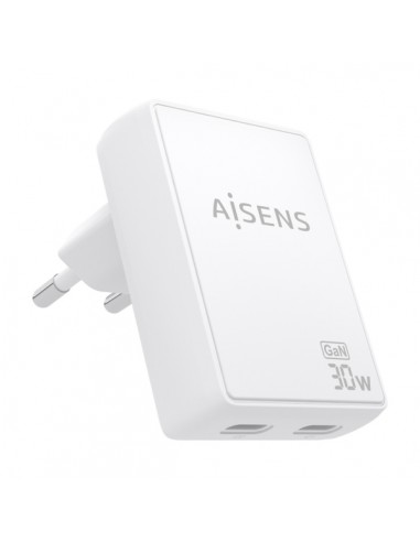 Aisens Cargador GaN Ultra Delgado 30W - 2xUSB-C PD3.0 QC4.0 - Tecnologia AI - Color Blanco
