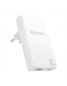 Aisens Cargador GaN Ultra Delgado 65W - 1xUSB-C PD3.0 QC4.0 - 1xUSB-A QC3.0 - Tecnologia AI - Color Blanco