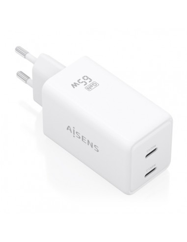 Aisens Cargador GaN 65W - 2xUSB-C PD3.0 QC4.0 - Tecnologia AI - Color Blanco