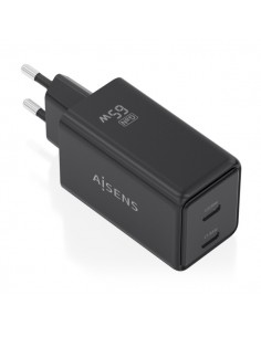 Aisens Cargador GaN 65W - 2xUSB-C PD3.0 QC4.0 - Tecnologia AI - Color Negro