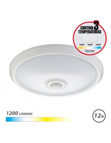 Elbat Aplique de Superficie LED 12W - 1200Lm - Selector 3 Temperaturas - Sensor de Luz Ambiental - Temporizador - Color Blanco