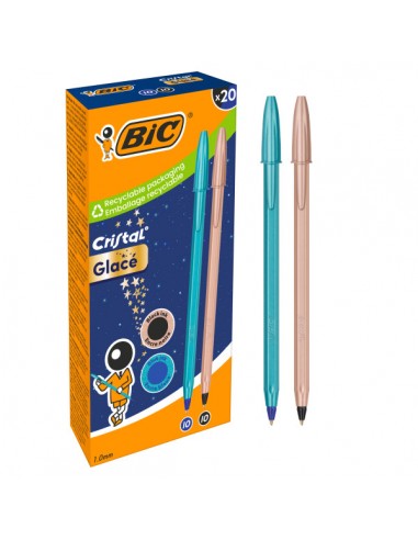Bic Cristal Glace Pack con 20 Boligrafos de Bola - Cuerpo Opaco en Color Azul Metalizado Mate y Cobre Mate - Punta Redonda de