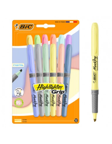 Bic Highlighter Grip Pastel Pack con 12 Marcadores Fluorescentes Pastel - Punta Biselada - Trazo entre 1.60 y 3.30 mm - Grip