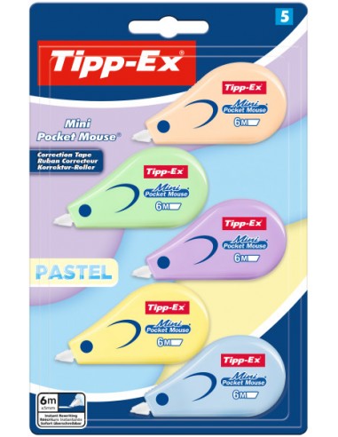 Tipp-Ex Mini Pocket Mouse Pastel Pack con 5 Cintas Correctoras 5mm x 6m - Resistente - Escritura Instantanea