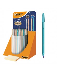 Bic Cristal Glace Expositor con 40 Boligrafos de Bola - Cuerpo Opaco en Colores Metalizados Mate - Punta Redonda de 1mm -