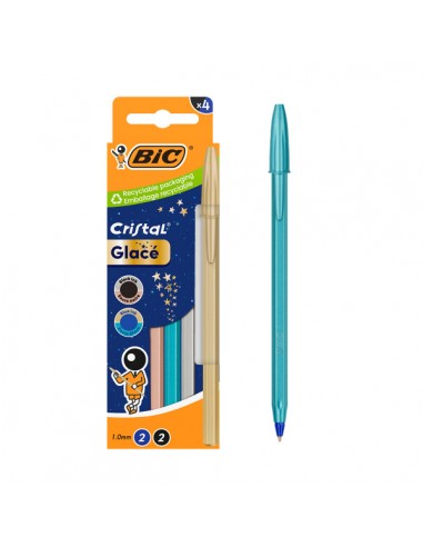 Bic Cristal Glace Pack con 4 Boligrafos de Bola - Cuerpo Opaco en Colores Metalizados Mate - Punta Redonda de 1mm - Trazo