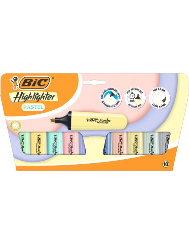 Bic Marking Highlighter Flat Pastel Pack de 10 Marcadores Fluorescentes - Punta Biselada - Trazo entre 1.20 y 4.60 mm - Tinta