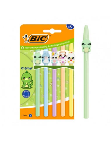 Bic Cristal Pastel Figurines Pack con 5 Boligrafos de Bola - Cuerpo Opaco en Colores Pastel con Figuras de Animales - Punta