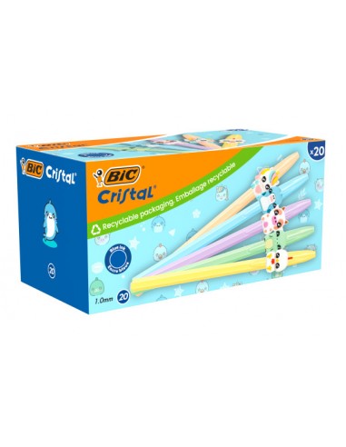 Bic Cristal Pastel Figurines Pack con 20 Boligrafos de Bola - Cuerpo Opaco en Colores Pastel con Figuras de Animales - Punta