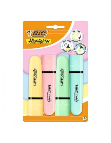 Bic Marking Highlighter Flat Pastel Pack de 4 Marcadores Fluorescentes - Punta Biselada - Trazo entre 1.20 y 4.60 mm - Tinta