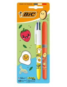 Bic 4 Colours Decors Kawaii Pack con 1 Boligrafo de Bola Retractil-1 Marcador Highlighter Grip Fluor de Color Aleatorio -