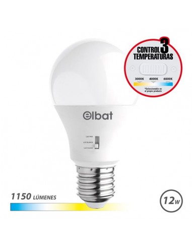 Elbat Bombilla LED A60 - 12W - 1150Lm - E27 - Selector de Luz - Calida 3000K-Blanca 4000K y Fria 6500K