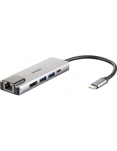 D-Link Hub USB C 5 en 1 2 Puertos USB 3.0-1 HDMI-1 RJ45 - Plug & Play