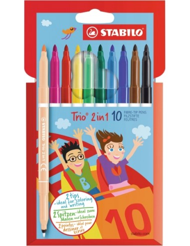 Stabilo Trio 2 en 1 Pack con 10 Rotuladores de Doble Punta - Punta Fina 0 5mm y Punta Ancha 2mm - Tinta Lavable - Zona de