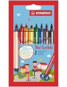 Stabilo Trio Scribbi Pack con 8 Rotuladores - Trazo entre 1 5-2mm - Forma Triangular - Tinta Super Lavable - Colores Surtidos