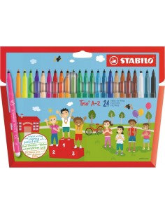 Stabilo Trio A-Z Pack con 24 Rotuladores de Punta Fina de Fibra - Trazo 0.7mm - Tinta Lavable - Zona de Agarre Triangular -