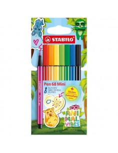 Stabilo Pen 68 Mini Animal Vibes Pack con 8 Rotuladores - Punta de Fibra - Incluye 5 Pegatinas Personalizables - Trazo de 1mm