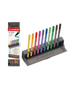 Stabilo Pen 68 Set de Mesa con 10 Rotuladores de Punta de Fibra - Trazo de 1mm aprox. - Tinta con Base de Agua - Colores