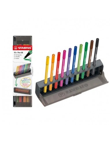 Stabilo Pen 68 Set de Mesa con 10 Rotuladores de Punta de Fibra - Trazo de 1mm aprox. - Tinta con Base de Agua - Colores