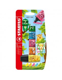 Stabilo Boss Mini Animal Vibes Pack de 5 Mini Marcadores Fluorescentes - Trazo entre 2 y 5mm - Tinta con Base de Agua -