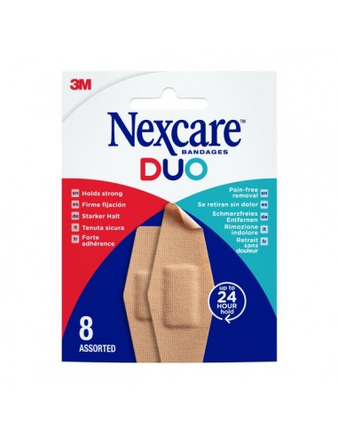 Nexcare Duo Pack de 8 Apositos Surtidos - Retirada Sin Dolor - Resistente al Agua - Transpirable - Color Piel