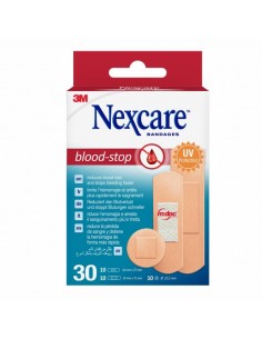Nexcare Blood-Stop Pack de 30 Apositos Surtidos - Resistente al Agua - Mayor Rapidez Deteniendo Hemorragias - Color Piel