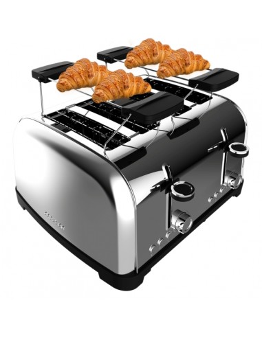 Cecotec Toastin' Time 1700 Double Tostadora de 4 Ranuras Anchas - 1700W - Calienta Panecillos - Autocentrado - Bandeja