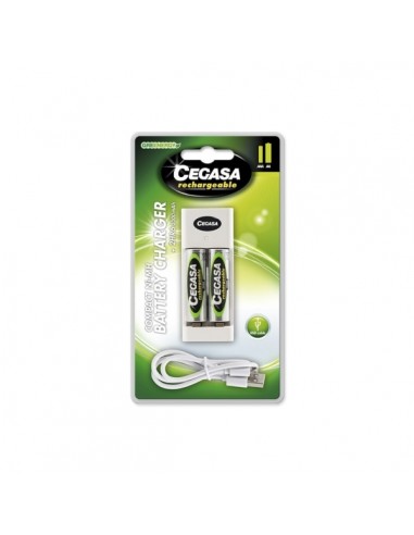 Cegasa Rechargeable Pack con Cargador Compacto de Pilas y Cable USB-2 Pilas Recargables AA HR6 2000mAh - Cargador Apto para