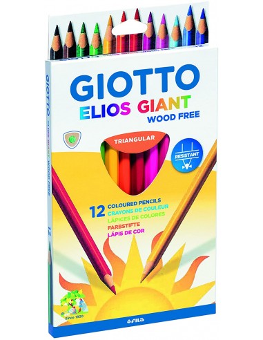 Giotto Elios Giant Wood Free Pack de 12 Lapices Triangulares de Colores - Sin Madera - Mina 5 mm - Colores Surtidos